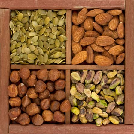 almonds, hazelnuts, pistachio nuts and pumpkin seed